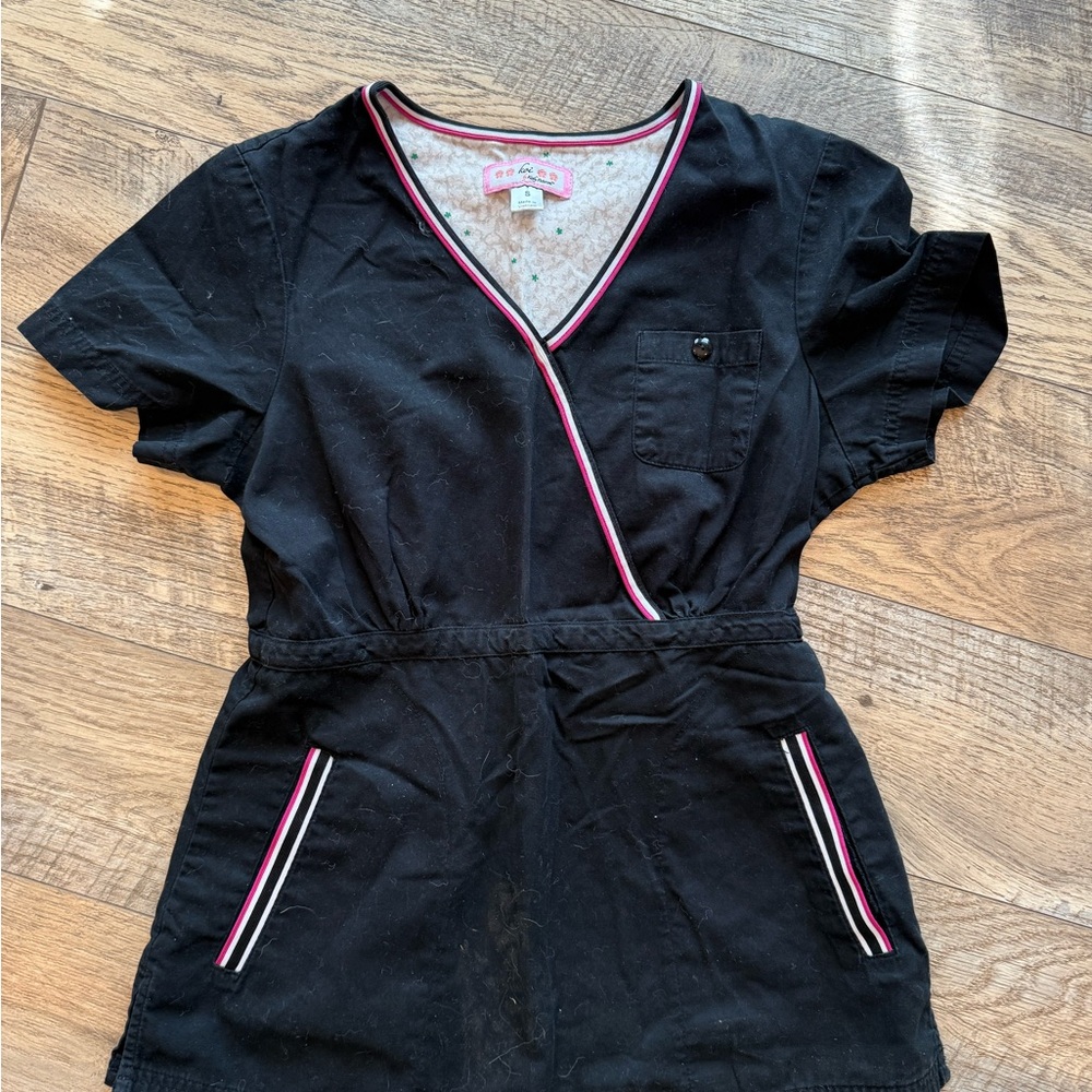 Koi Black Scrub Top with Pink and White Accents S